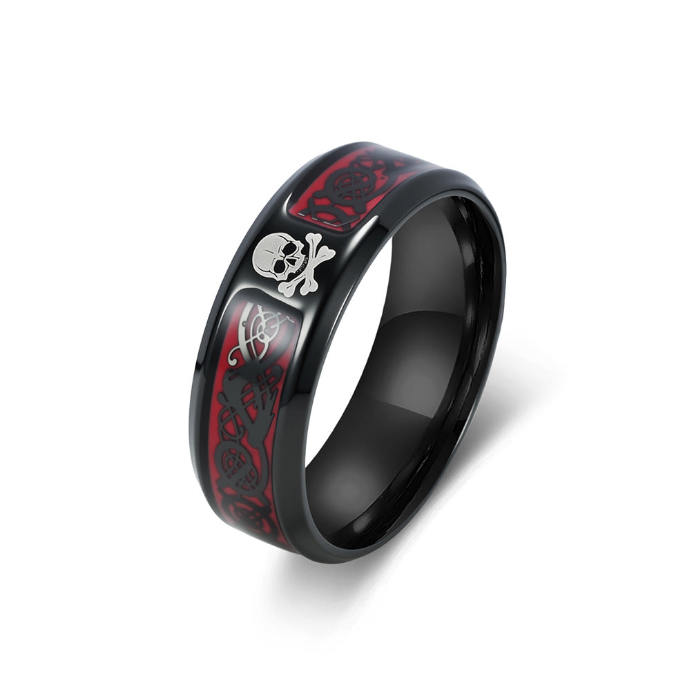 Punk Skull Cross Bone Stainless Steel Ring Red Background Celtic Pattern Men's Locomotive