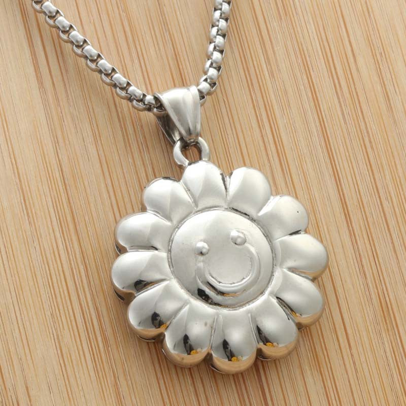 Trendy Punk Titanium Steel Sunflower Pendant Necklace for Men and Women