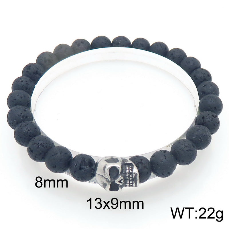 Planderful Men Skull Beaded Elastic Bracelet Volcanic Stone