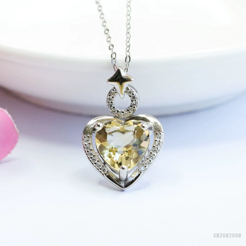 Citrine Heart & Star Silver Pendant — No Chain
