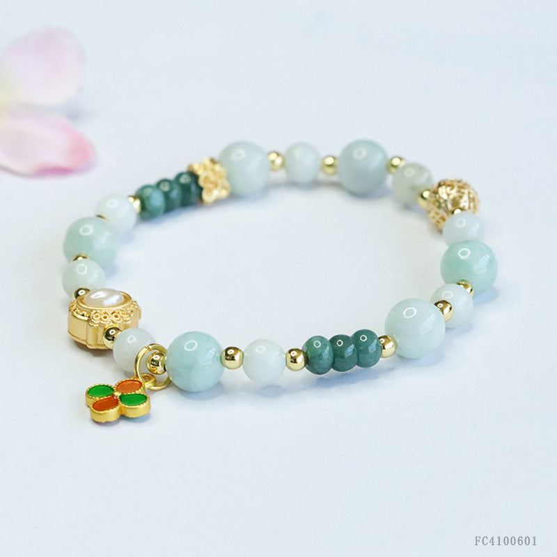 Blue Water Jadeite Four-Leaf Clover & Abacus Bead Bracelet