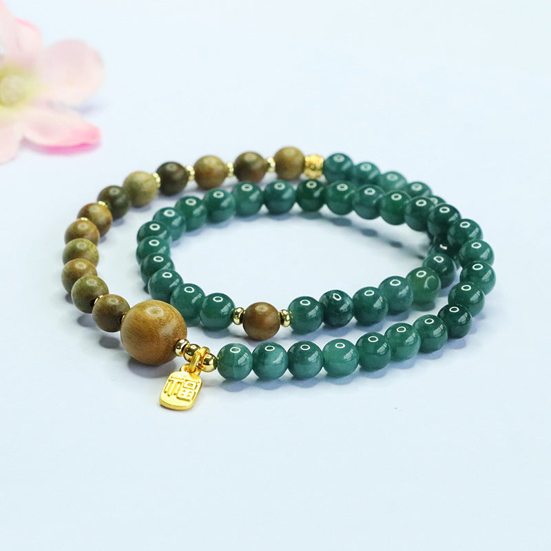 Blue Water Jadeite Green Sandalwood Style 2 Beaded Bracelet