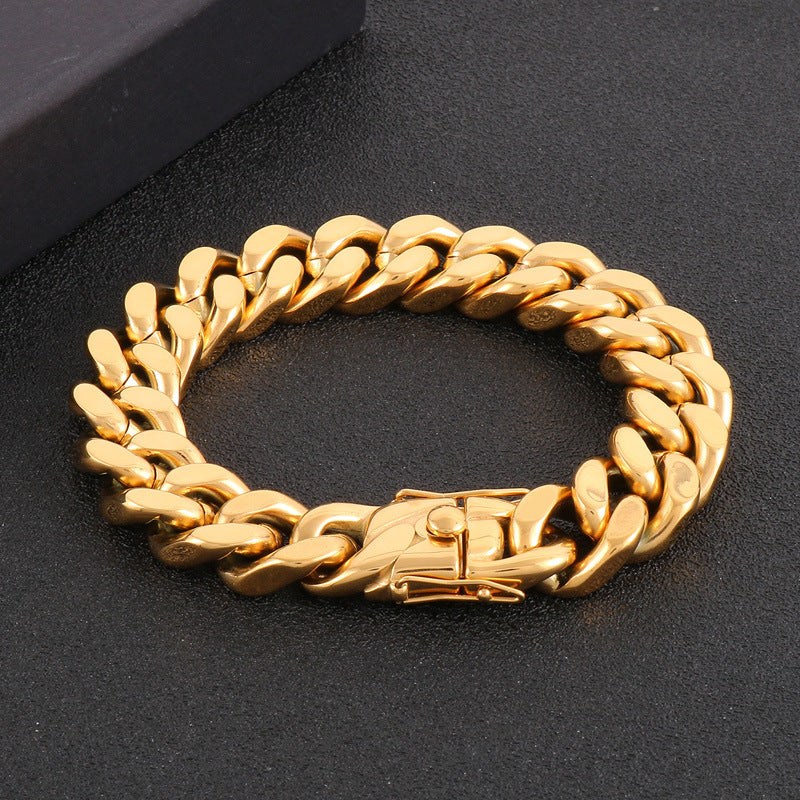 Stylish Hip-Hop Stainless Steel Cuban Chain Necklace and Bracelet Set for Men with Personalized Faucet Buckle Design