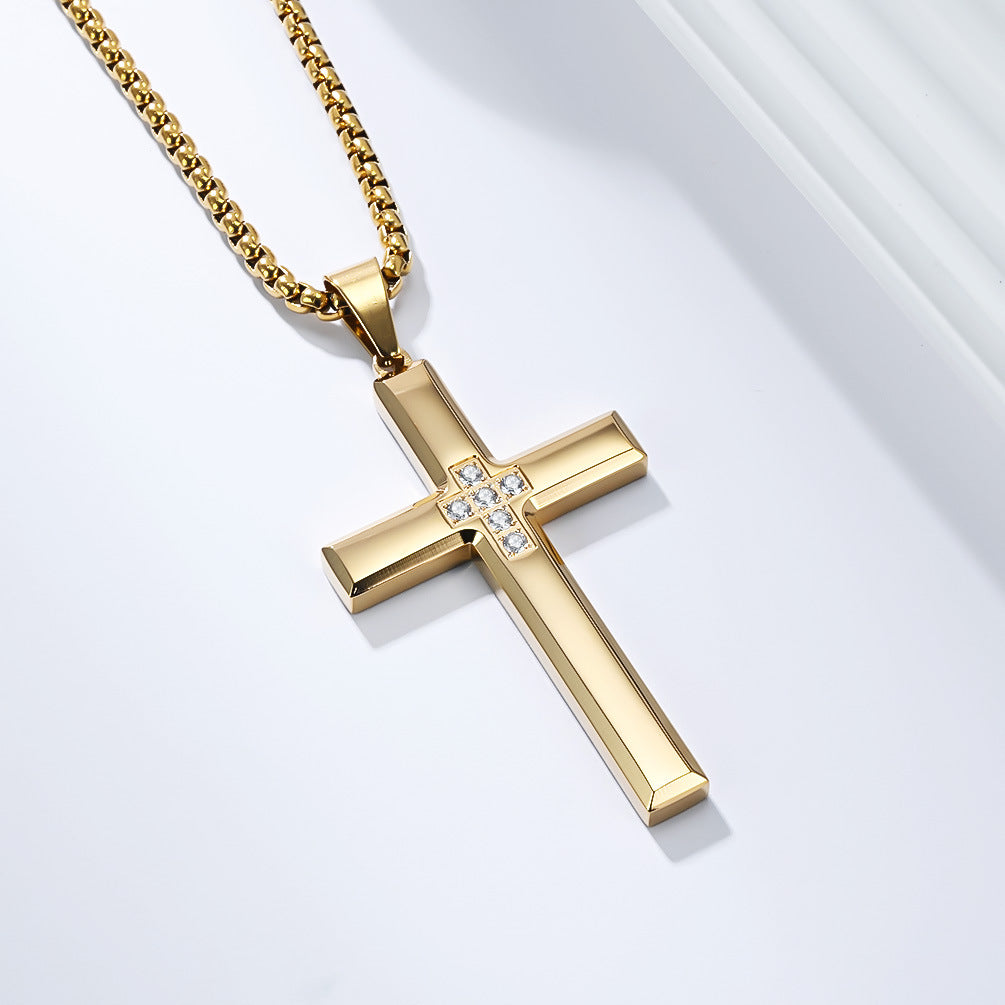 Planderful Cross Necklace For Men Titanium Steel Inlaid Zircon Pendant Simple Fashion