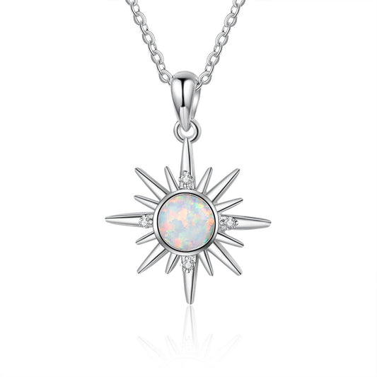 Round Opal Sun with Zircon Sterling Silver Necklace