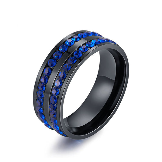 Stainless Steel Double-Row Diamond Red Diamond Blue Diamond Ring – Circumference