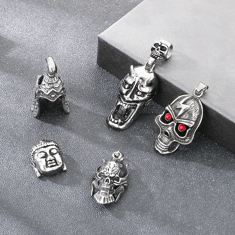 Viking Warrior Helmet Buddha Head Pendant, Dark Gothic Wind Lightning Red Eye Skull Necklace
