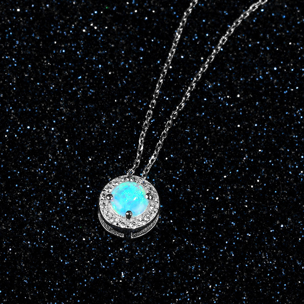 Planderful Jewelry Opal Necklace In Sterling Silver With European And American Style Zircon Halo Pendant