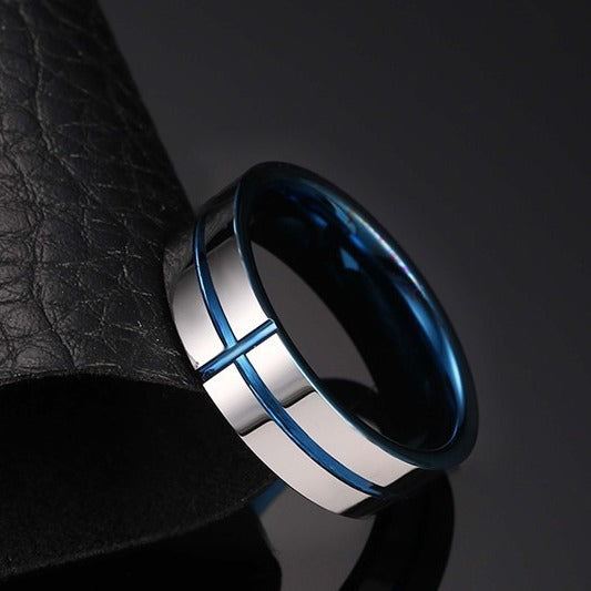 Korean Version Ring 6mm Tungsten Steel Blue Groove Cross Ring