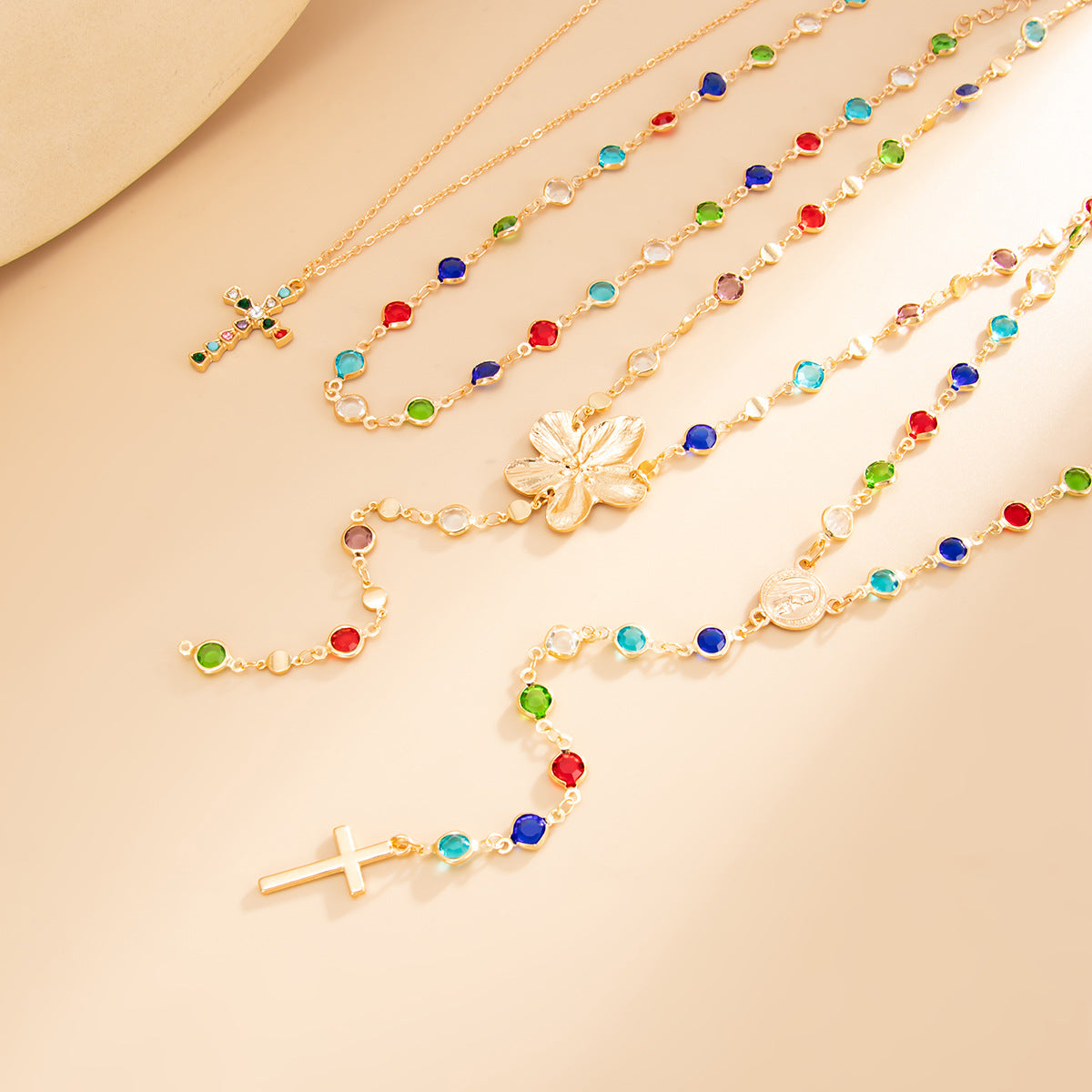Flower, Crystal & Cross Fringe Necklace