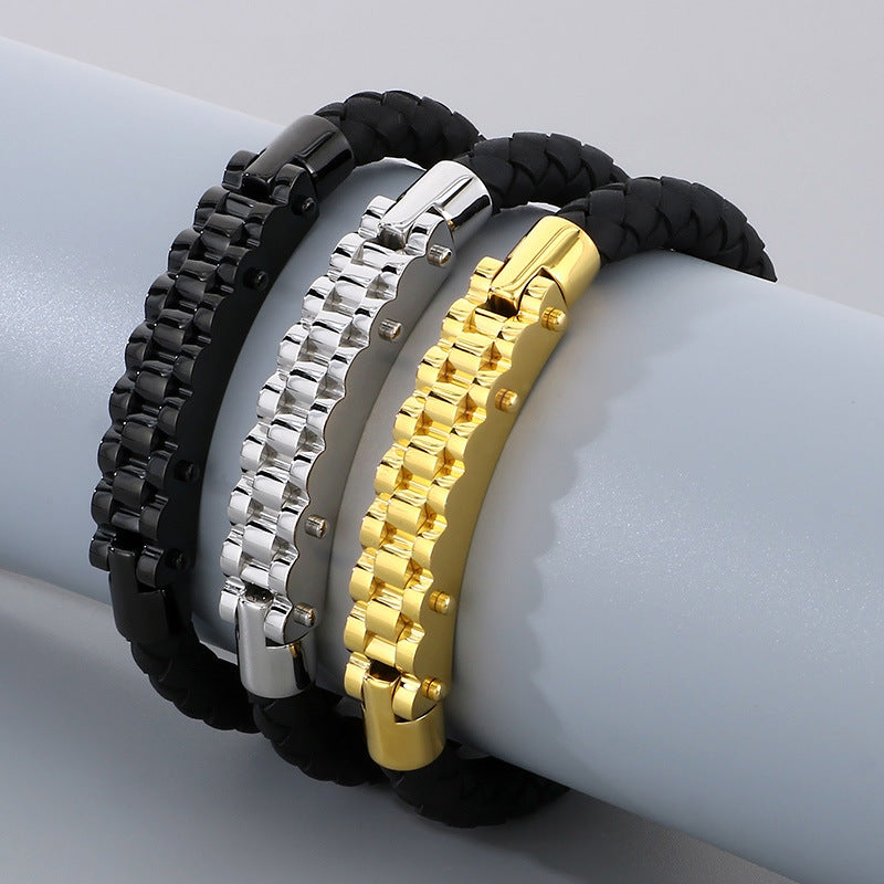 Business Style Strap Chain Woven Leather Rope Bracelet – Stainless Steel Bicycle Chain