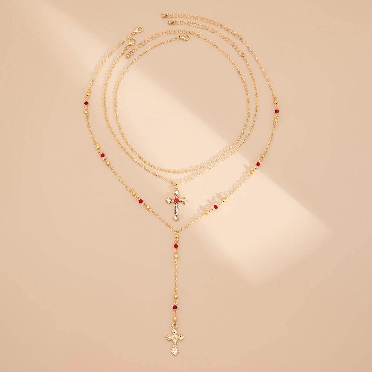 Wind Stacked Cross Fringed Necklace Round Bead Snake Bone Chain Multi-Layer
