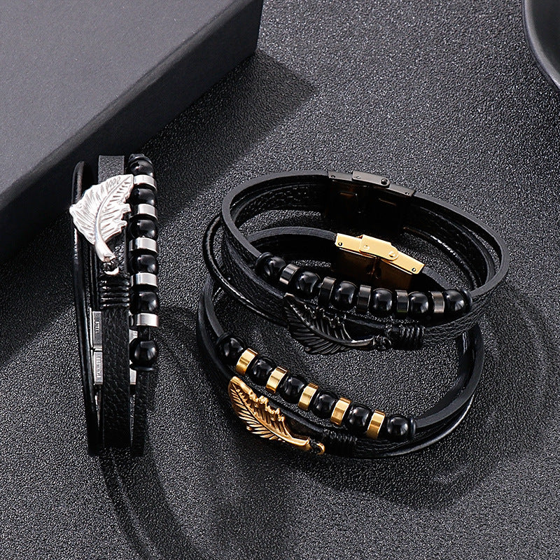 Planderful Multi Layer Feather Woven Leather Bracelet For Men