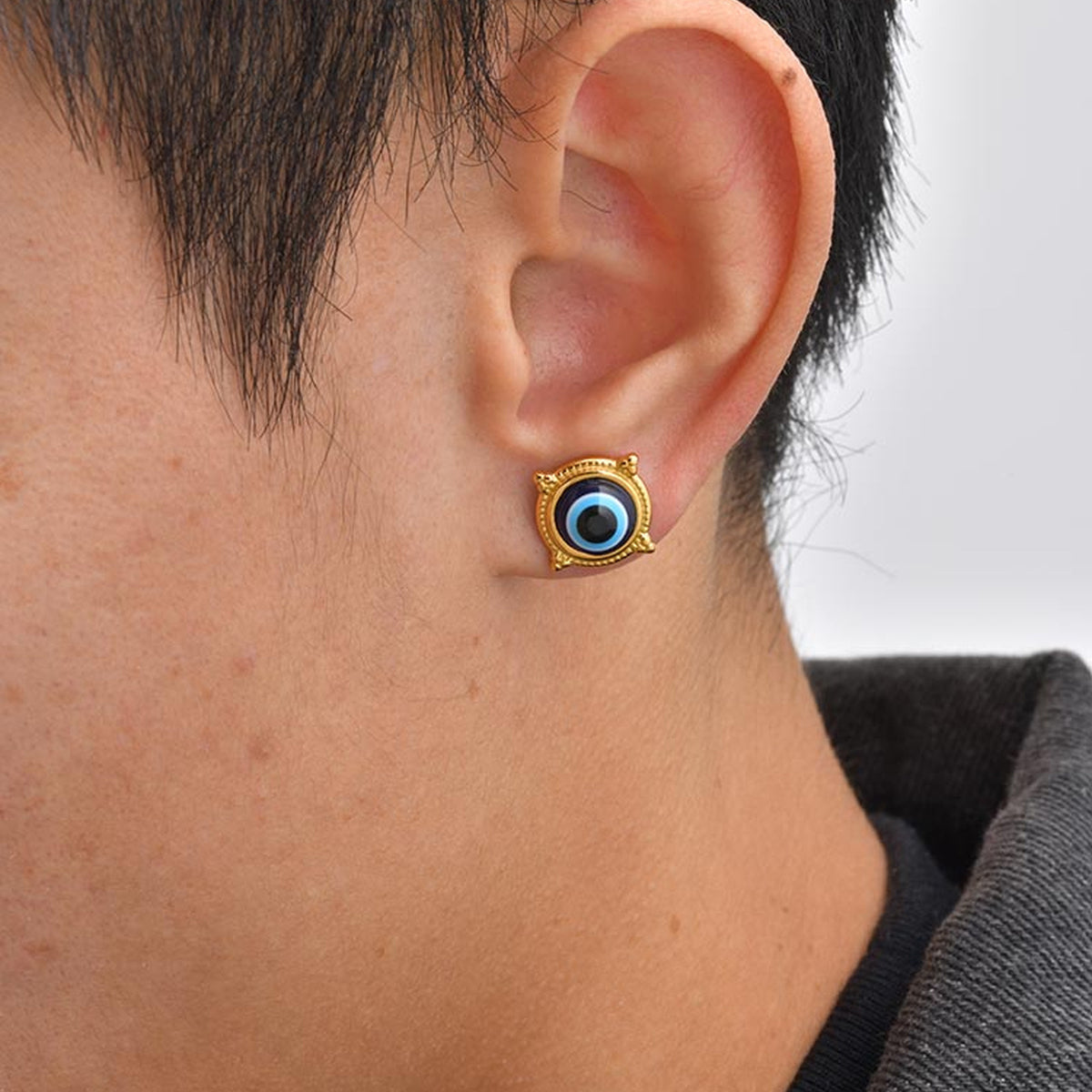 Ornate Blue Evil Eye Stud Earring — Single