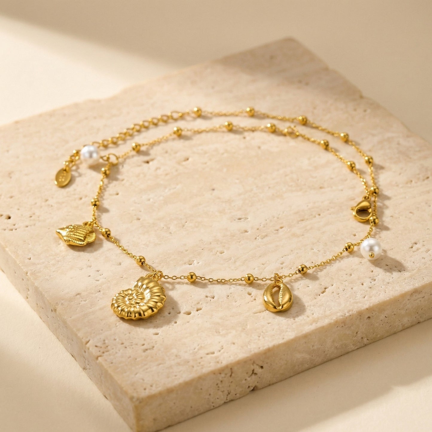 Summer Leisure Seaside Ocean Wind Stainless Steel Imitation Glass Pearl Conch Lady Necklace