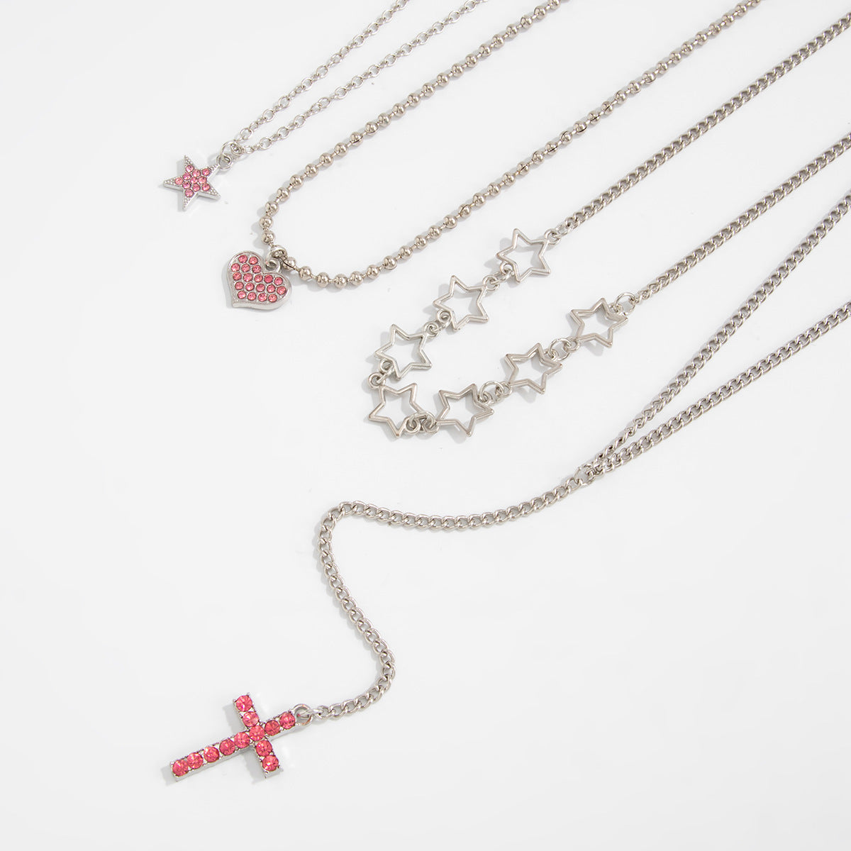 Y2k Spice Girls Pentagram Heart-Shaped Stacked Necklace Retro Cross Pink Zircon Pendant