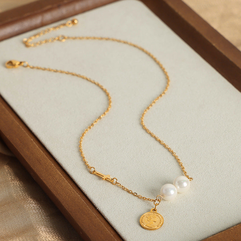 Golden Glow Pearl Necklace with Titanium Steel Pendant