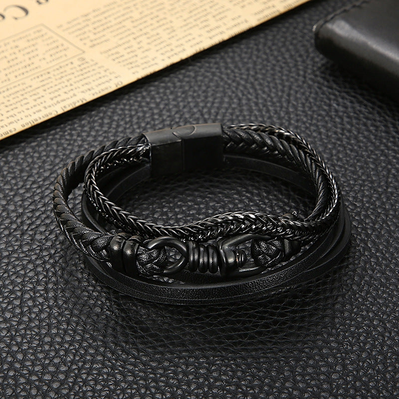 Planderful Men Leather Chain Bracelet Multi Layer Punk