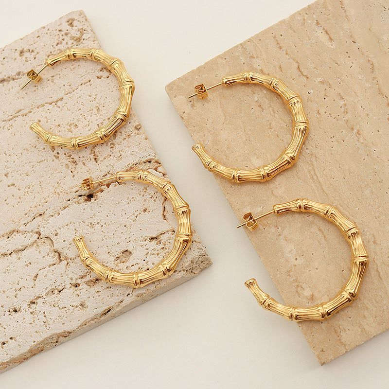 Bamboo Geometric C-Shaped Earrings with 18K Gold Plating - Personalized and Non-Fading