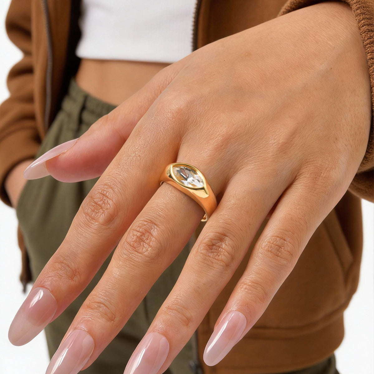 Stainless Steel Special-Shaped Large Zircon Horse Eye White Zircon Ring Women's