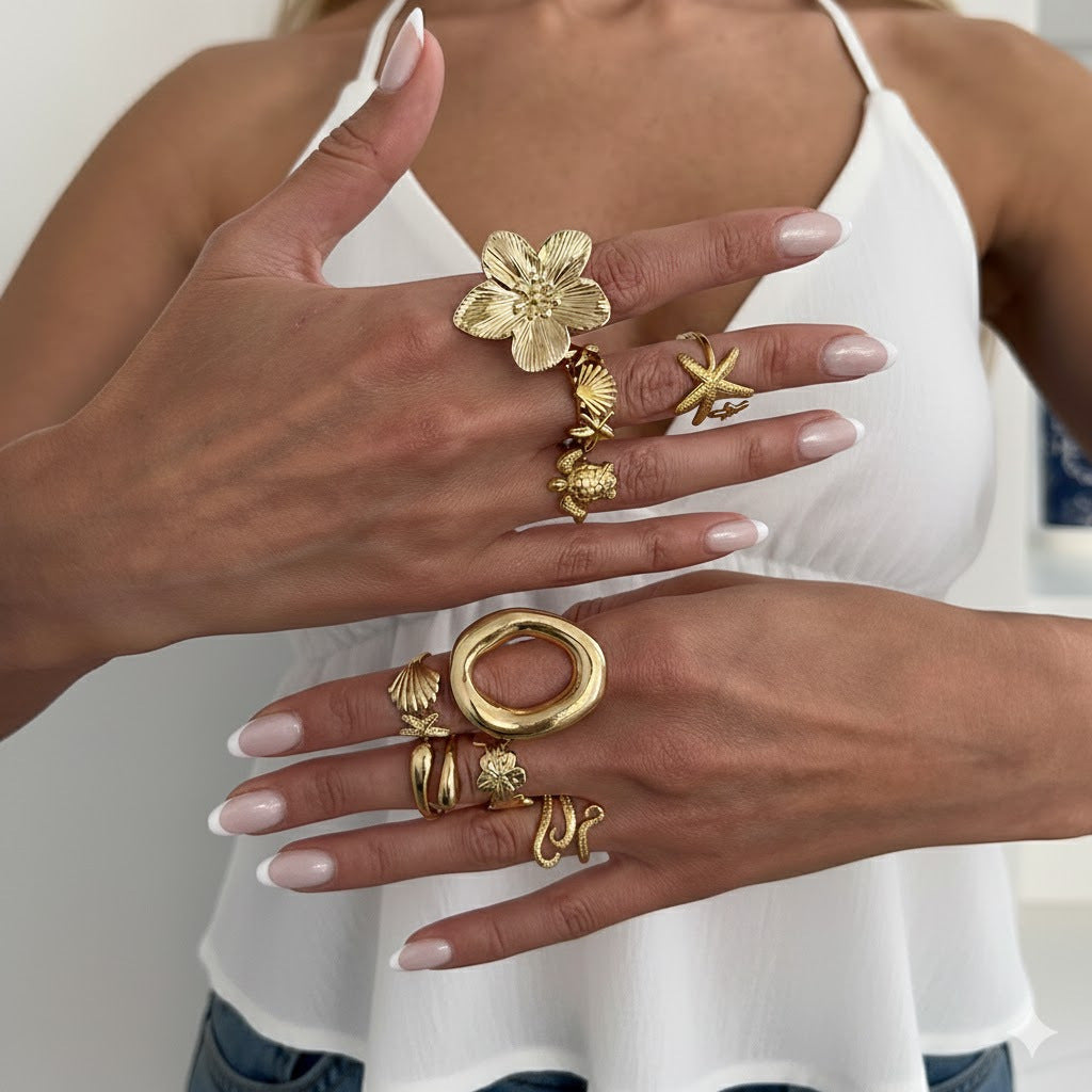 Sea Turtle Open Ring Set With Geometric Starfish Accents By Planderful Vienna Verve For Ocean Lovers