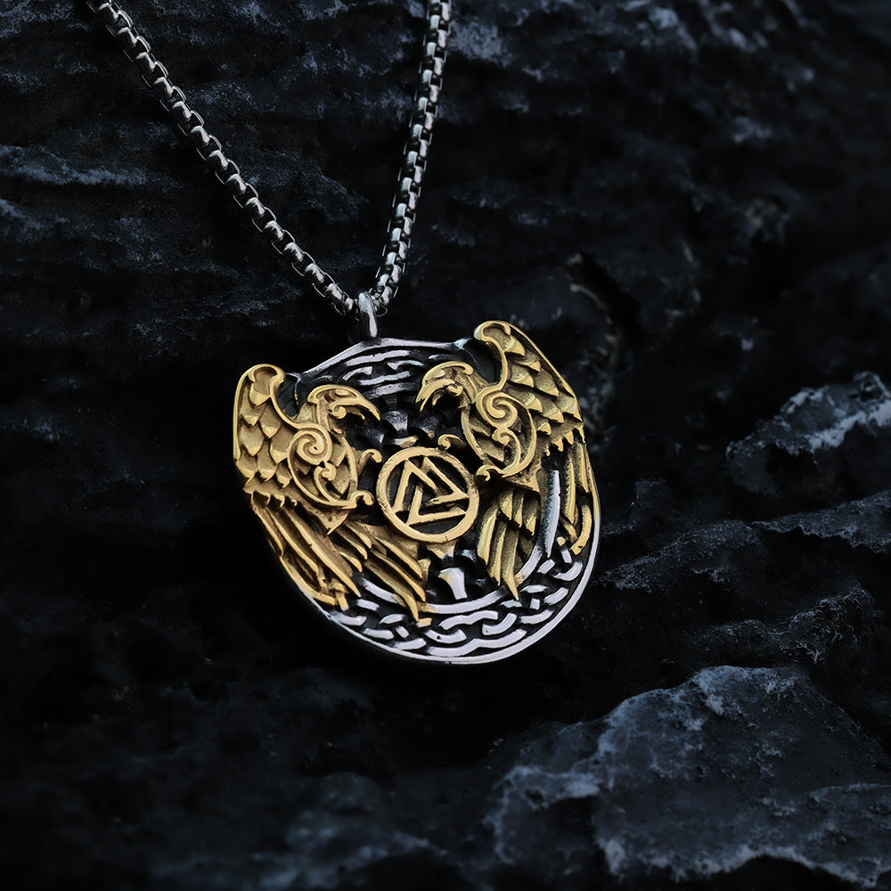 Planderful Nordic Viking Pendant For Men Solid Stainless Steel Double Sided Raven Triangle Necklace