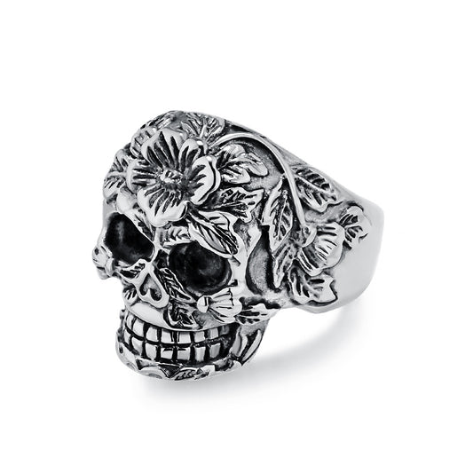 Flower Grass Skull Stainless Steel Ring Men's