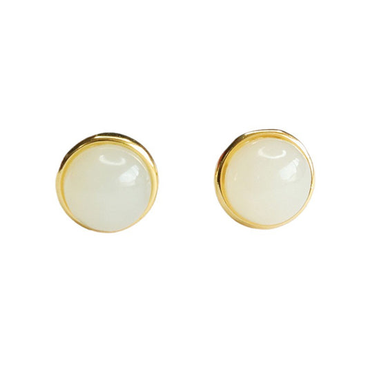 Elegant Round White Jade Earrings with S925 Sterling Silver Insets