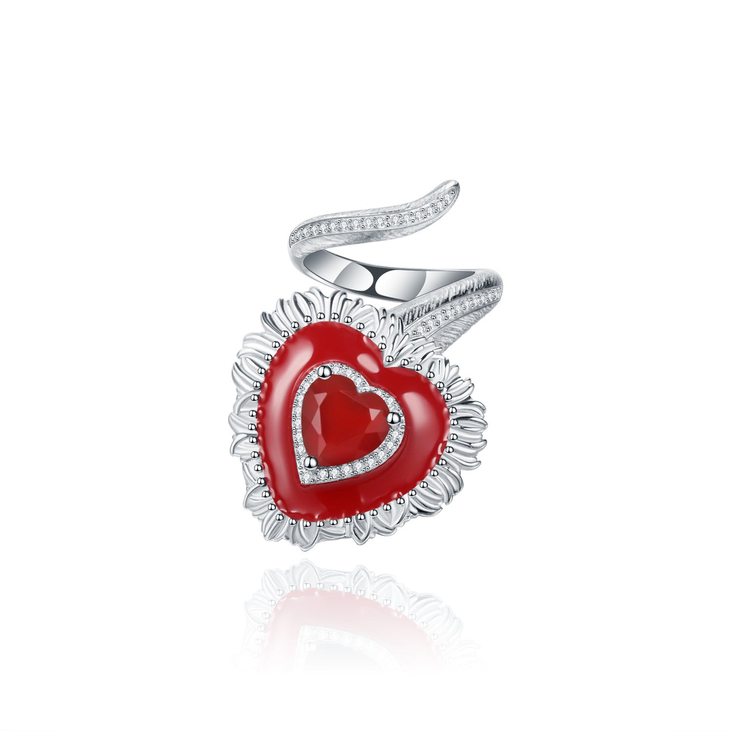 Angel Red Heart Natural Gemstones Opening Silver Ring