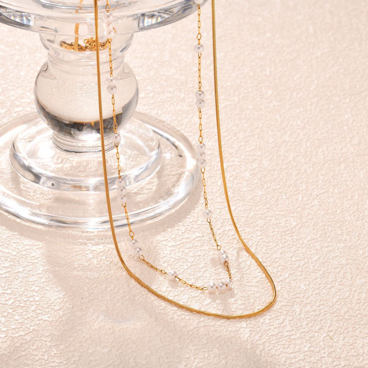 Stylish & Stainless Steel Round Snake Chain Imitation Pearl Double-Layer Necklace