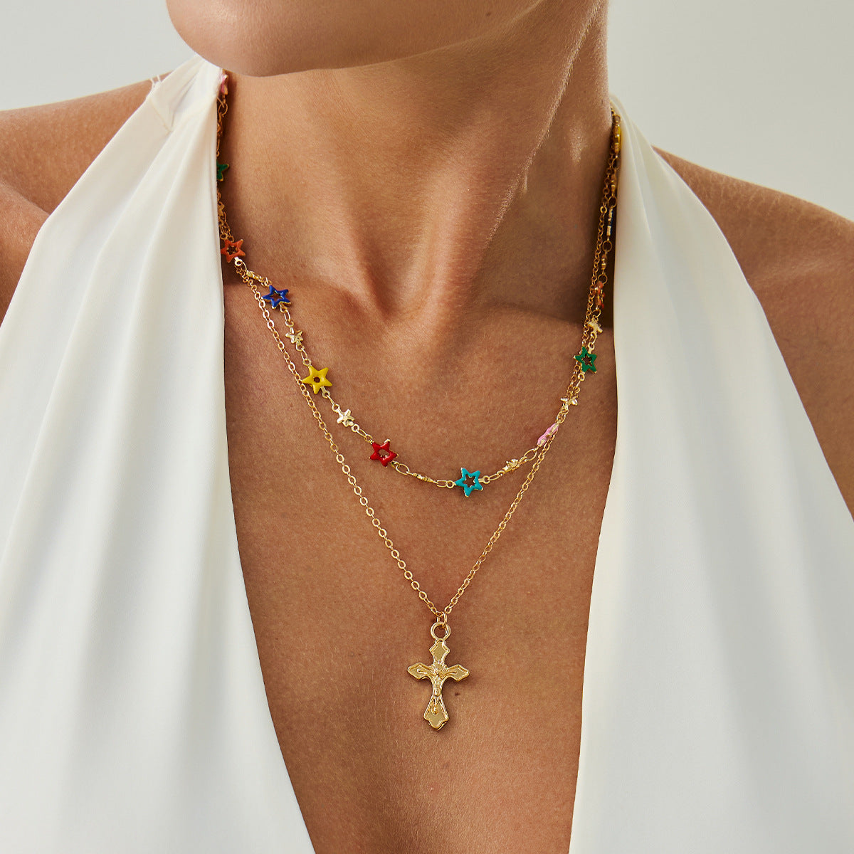 Colorful Floral Cross Layered Necklace
