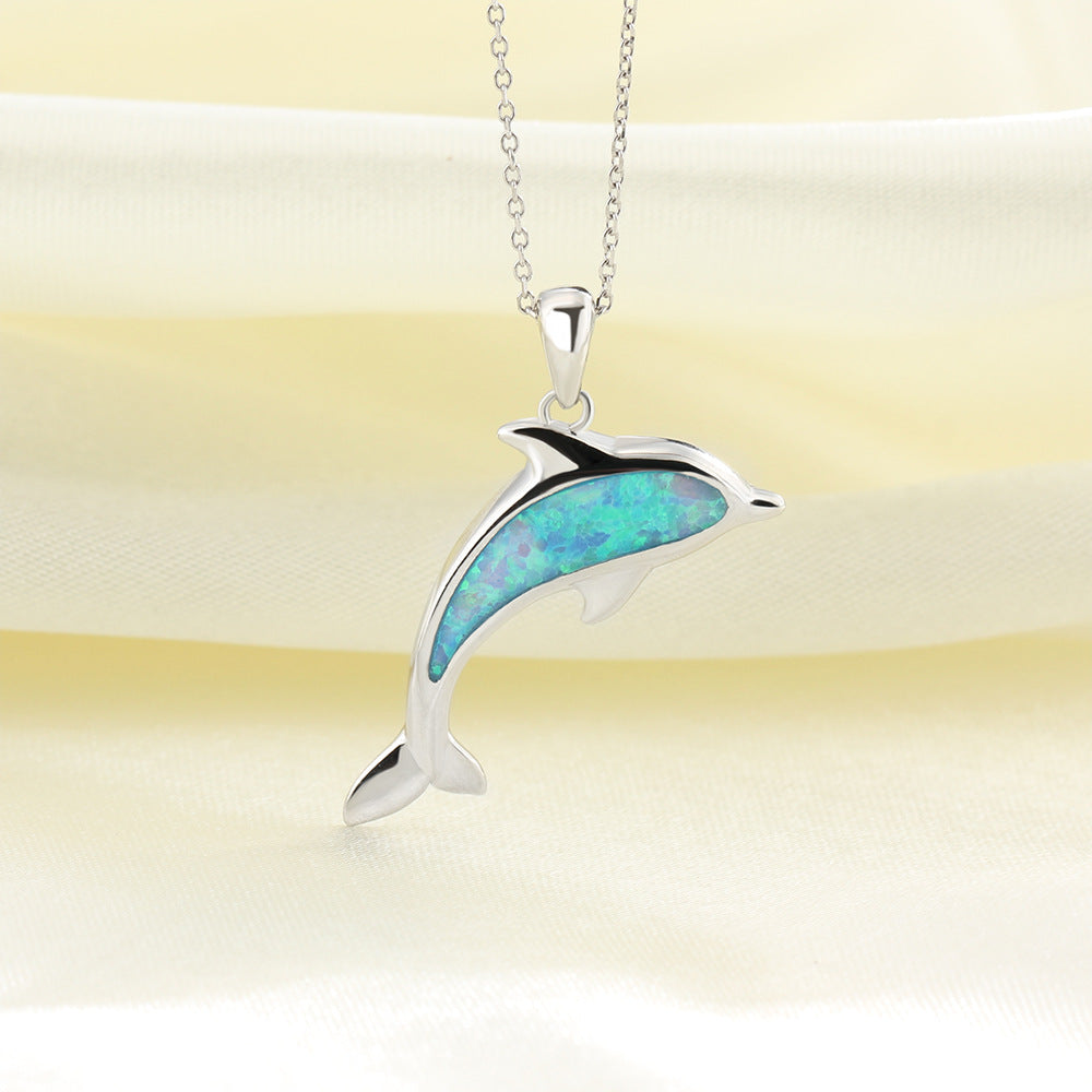 Planderful Jewelry Opal Dolphin Necklace Sterling Silver