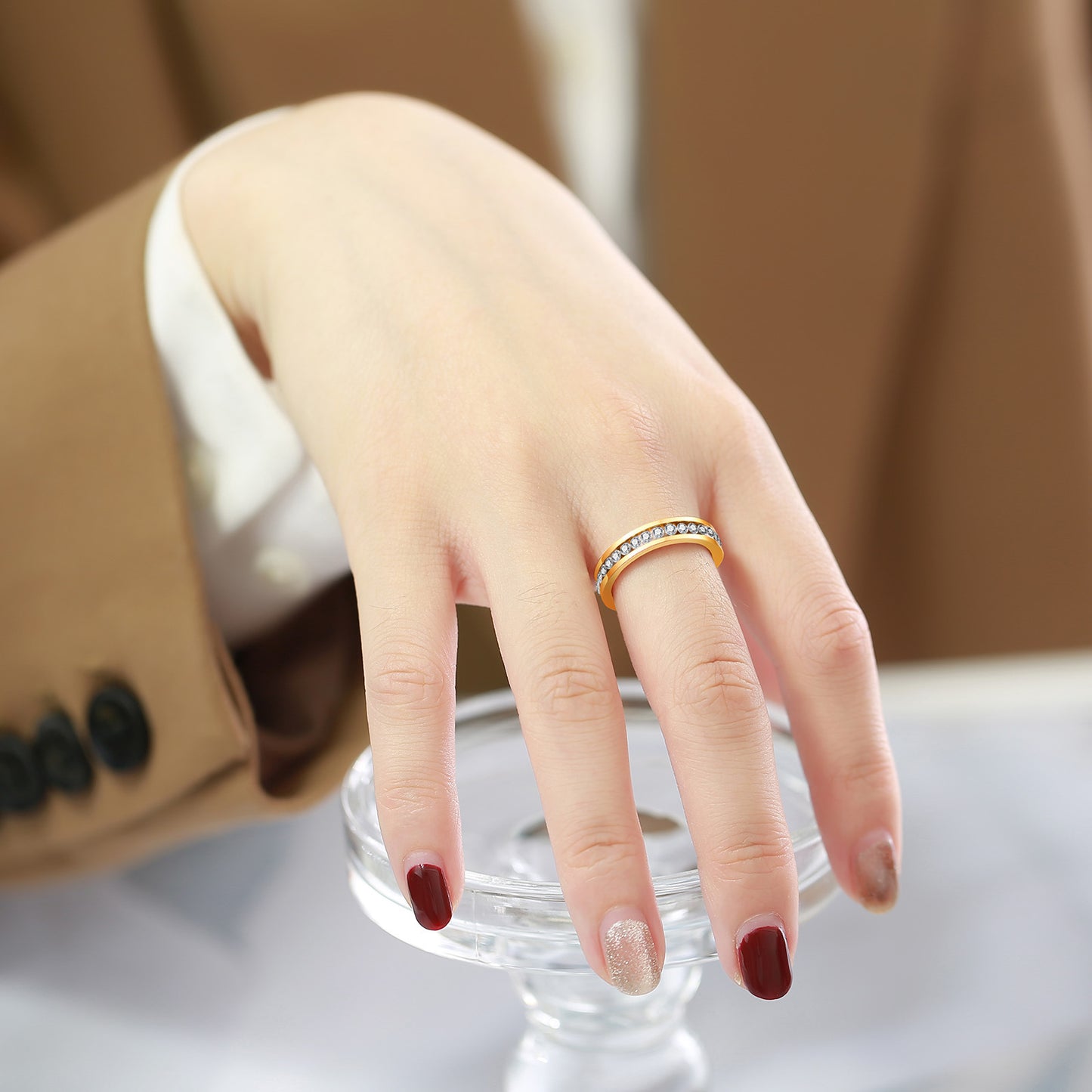 Stainless Steel Rose Gold Gold Ring Women's Rhinestone 4MM