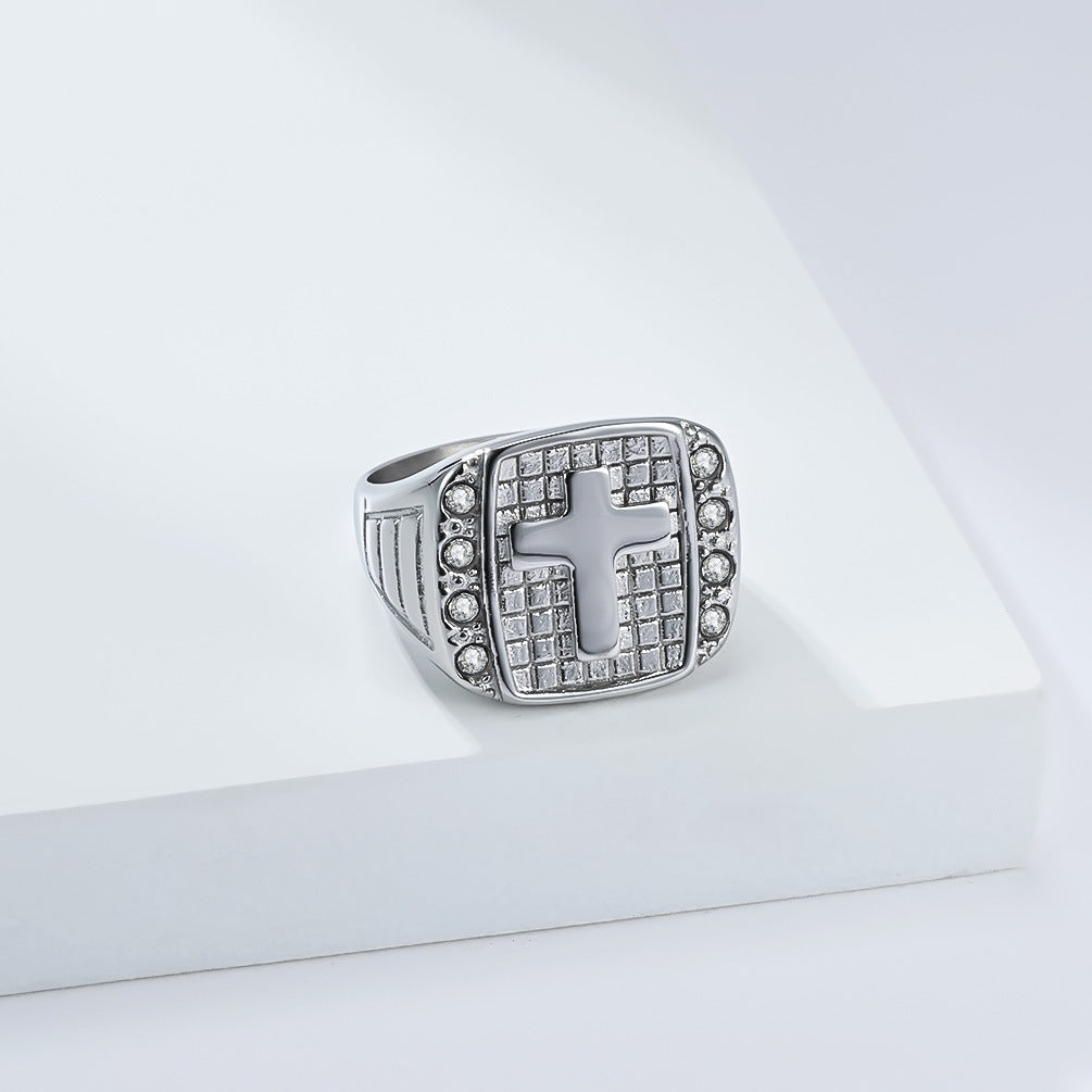 Planderful Cross Titanium Steel Ring For Men With Zircon Inlay Everyday Genie Luxury Jewelry