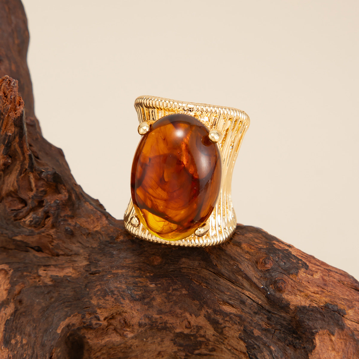 Planderful Geometric Open Ring For Women Brushed Metal Statement Vienna Verve Maillard Stone
