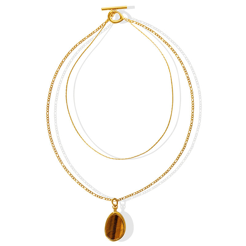 Tiger's Eye Double-Layer Necklace with Exaggerated Personality and Gold-Plated Sweater Chain - Women's Fashion Accessory