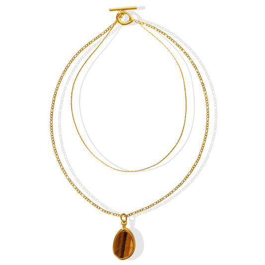 Tiger's Eye Double-Layer Necklace with Exaggerated Personality and Gold-Plated Sweater Chain - Women's Fashion Accessory