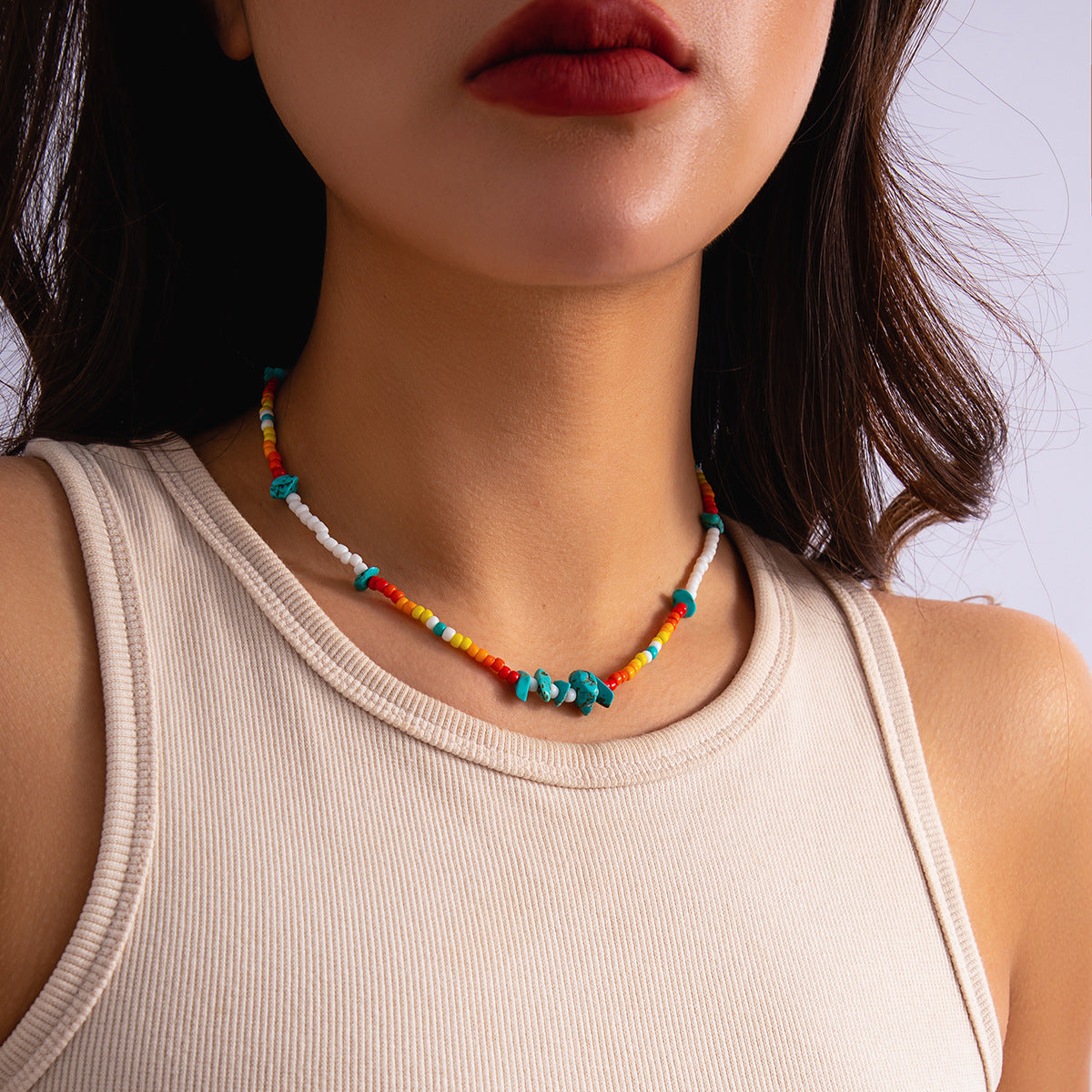 European and American Style Handmade Necklace with Mixed Rice Beads and Turquoise Stones