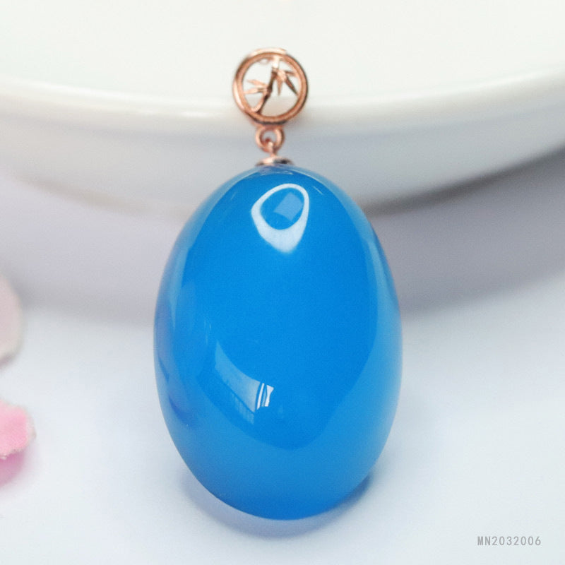 Blue Chalcedony Oval Silver Pendant — No Chain