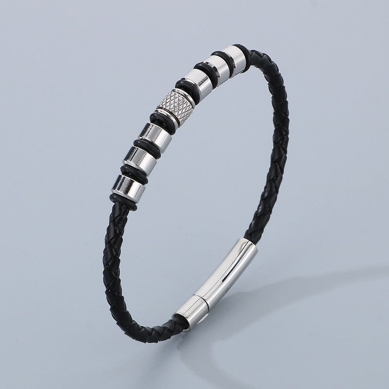 Business Style Men's Leather Rope Bracelet – Stainless Steel Bead Layered Woven Leather