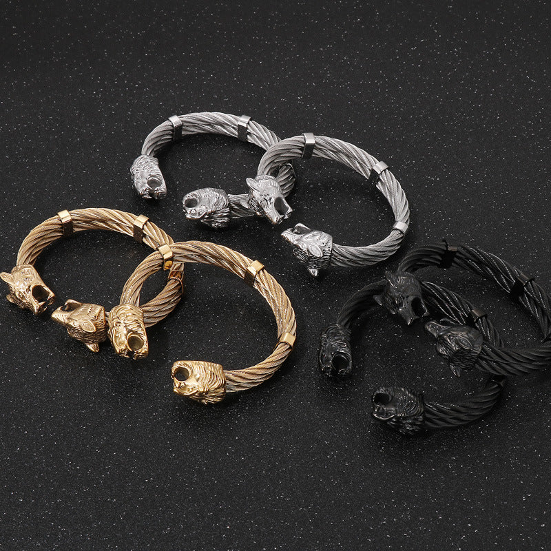 Punk Style Braided Wire – Lion Head Wolf Head Titanium Steel Men's Bracelet