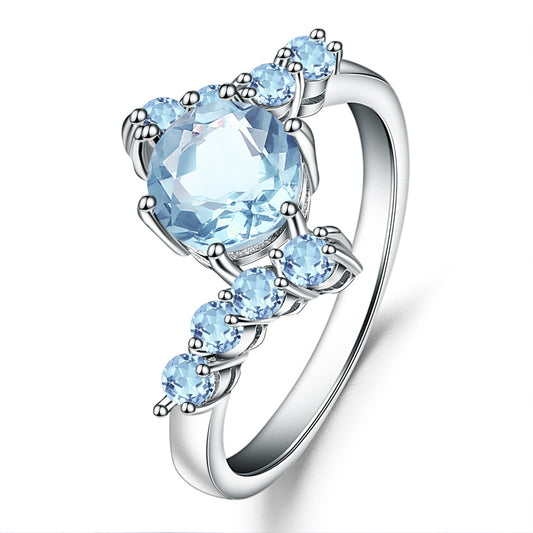 Round Cut Natural Blue Topaz Silver Ring