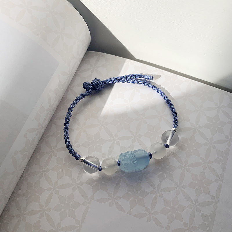 Blue Moonlight Crystal Sterling Silver Bracelet with Sea Blue Treasure Pixiu