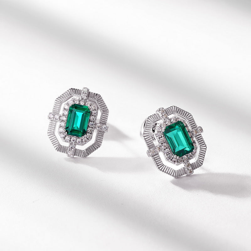 S925 Sterling Silver Lab-Grown Emerald Emerald-Cut Stud Earrings