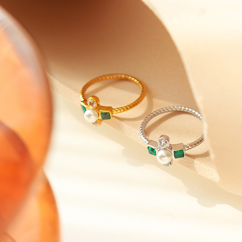 Opulent French Rhinestone Bead Ring with Unique Design and Titanium Gold Finish