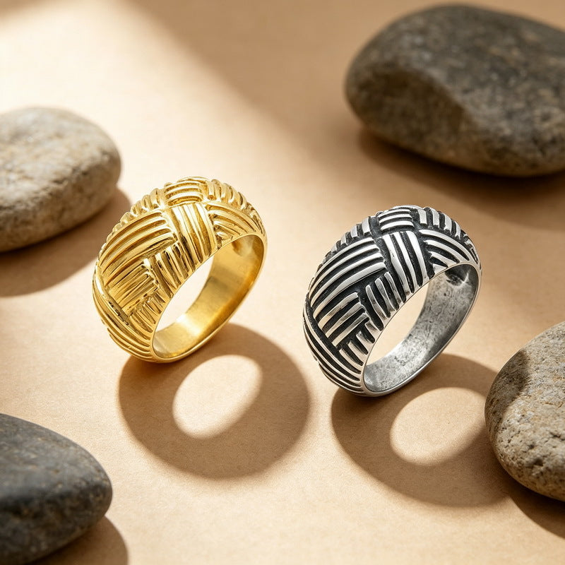 Punk Style Old Braided Ring Retro Geometric Interwoven Wide-Faced Stainless Steel Men's Ring