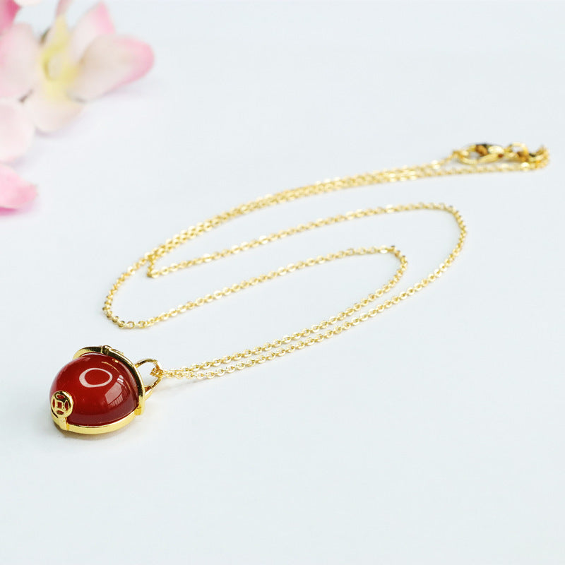 Red Agate Lucky Cat Pendant — No Chain