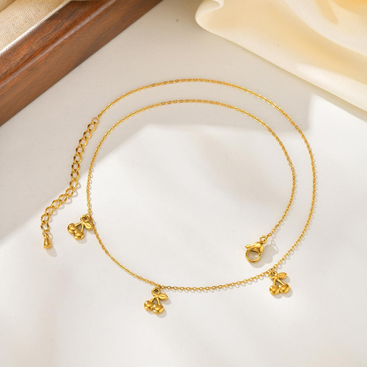 Girls Sweet & Delicate Clavicle Chain Stainless Steel Flat Cross Chain 3 Cherry Necklace