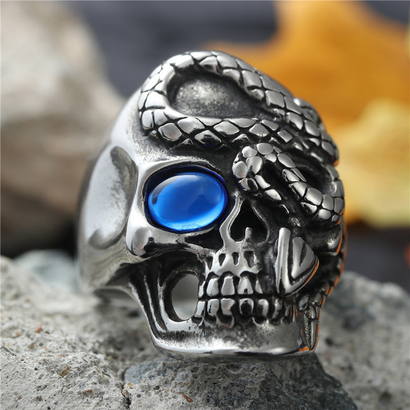 Titanium Steel Skull Head Snake King Ring for Men - Retro Punk Jewelry in European and American Style