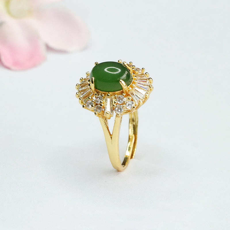 Green Jade Sterling Silver Ring with Zircon Halo